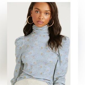 LoveShackFancy Vienna Top XL Blue Floral Turtleneck Puff Sleeve Fitted Romantic